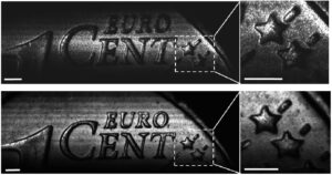 MC-SEE images of a portion of a 1 Euro cent coin using spectrally encoded coherent (top panel) and incoherent front illumination (bottom panel) are shown in Fig. 2.